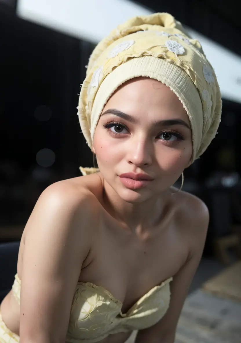 ((thick lips:1.7)), Lace, (Happy smile), (((HIJAB MALAY GIRL))), masutepiece, High quality, UHD 32K, Realistic face, Realistic skin feeling , A Japanese Lady, , , Very cute and baby-like face, (((FLAT CHEST))), (Night time at forest), ((look In front at the camera and SADNESS)), (((FLUORESCENCE))), (((CUTE GIRL))), ((WHITE & YELLOW LIPS)), ((Floral Pattern)) little wearing strapless bra, strapless colorful bra, dark night horror scary place (from behind up) seductive pose