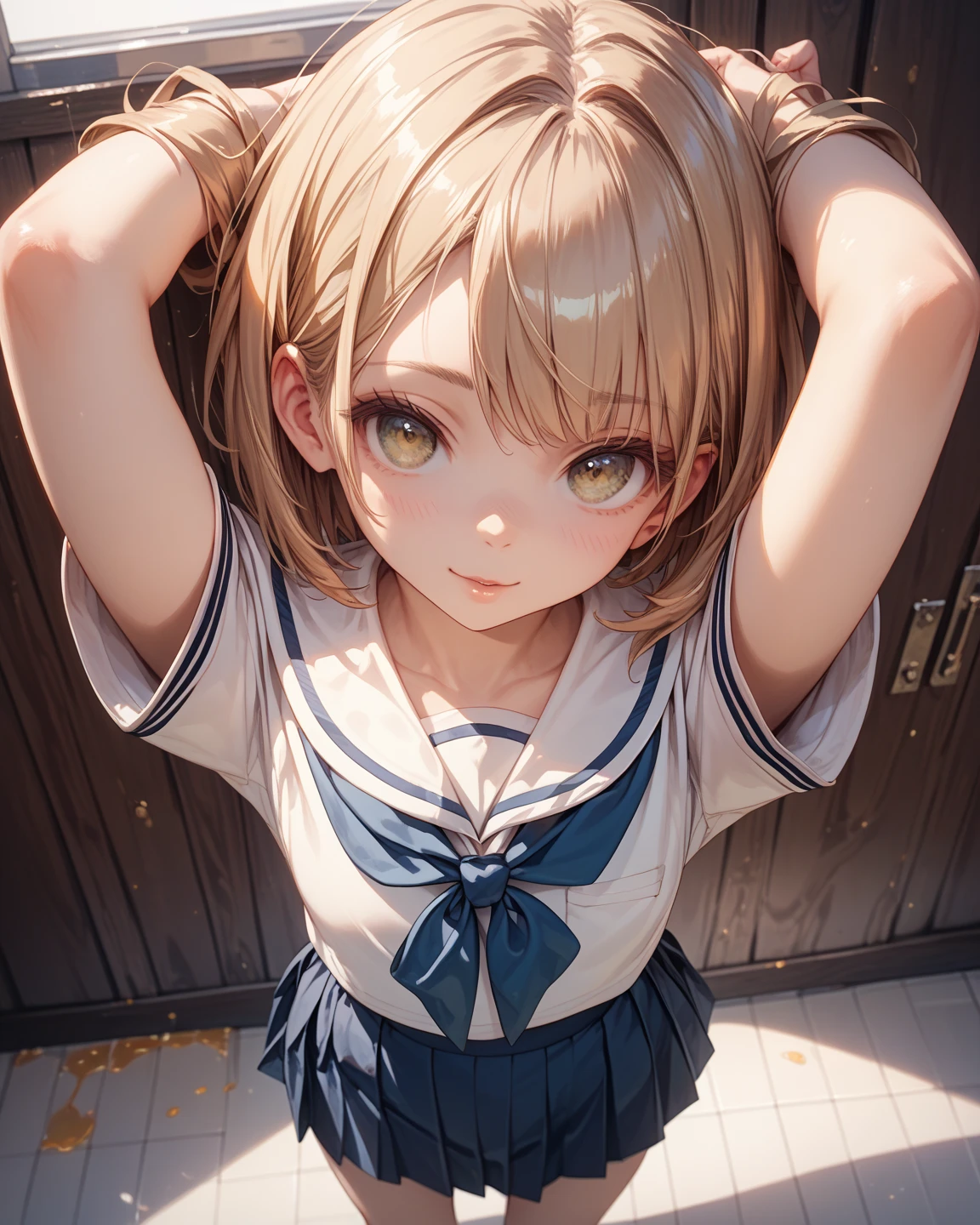 (High School Uniform:1.5)、(Spread your legs)、(Rich color expression)、(Big Breasts)、8K resolution、 masterpiece、((Highest quality))、Anatomically correct、The girl is alone、(I narrowed my eyes a little..:2)、(Flower Hair Ornaments)、(tie)、(ribbon)、((Hasselblad Photos))、[:(Detailed face:1.2):0.2]、(On all fours)、(Standing on tiptoes:1.3)