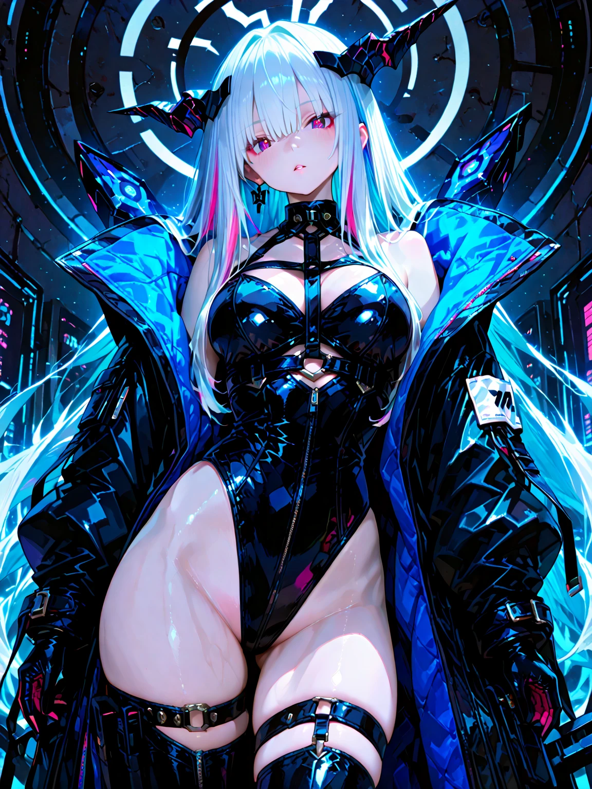 Android Girl,white hair,short and messy hair, purple neon eyes, Holding a chain whip, chains on the hands, circular chains over body, cute, skirt, white blouse, cyberpunk style, eletronic gloves, mecanic parts, eletronic details,living room background.HD lighting and dark )(epic image quality) dark atmosphere with bright particle light(many effects in background), fullbody shot, robot, neon tweaks, cyberpunk theme