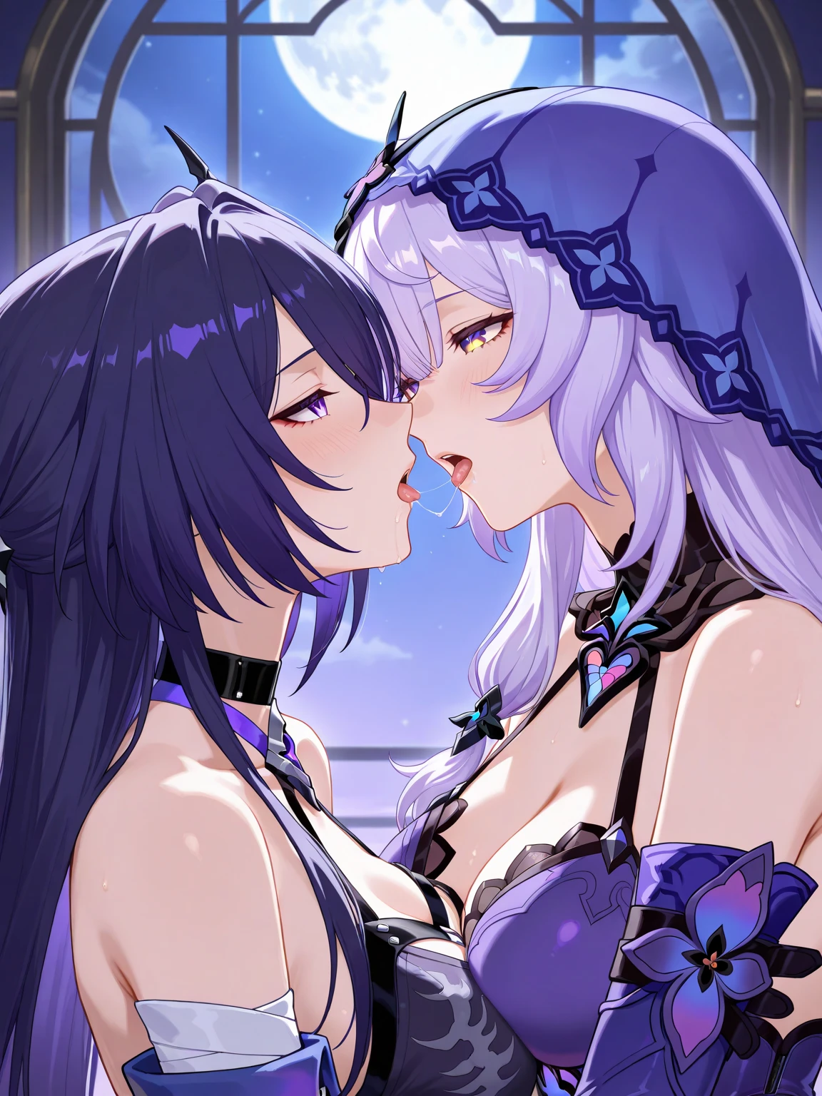 A young couple, barely out of their teens, standing on the edge of a serene cliff, overlooking a vast, moonlit ocean. The moon hangs low in the sky, casting a silver glow across the scene and highlighting the contours of their intertwined bodies. The girl, her eyes brimming with emotion, tilts her head back, exposing the curve of her neck as she confesses something intimate and profound to the boy. He, in turn, gazes into her soul, his eyes reflecting the moon's light, listening with rapt attention. The wind gently caresses their skin, making the girl's hair dance around her face and revealing the softness of her breasts, which are exposed in the open night air. Her hand clutches his shirt tightly, while his rests gently on the small of her back, the fabric riding low on her hips, hinting at the passionate tension between them. The scene is a delicate balance of vulnerability and desire, the stark contrast of the stark cliff and the vast, tranquil sea below acting as a backdrop to their private moment of truth. The soft light and deep shadows play upon their skin, highlighting the sensuality of their youthful forms. This moonlit confession is a poignant mix of raw emotion and the beauty of a shared secret, captured in the fleeting yet eternal embrace of a single, unforgettable night.