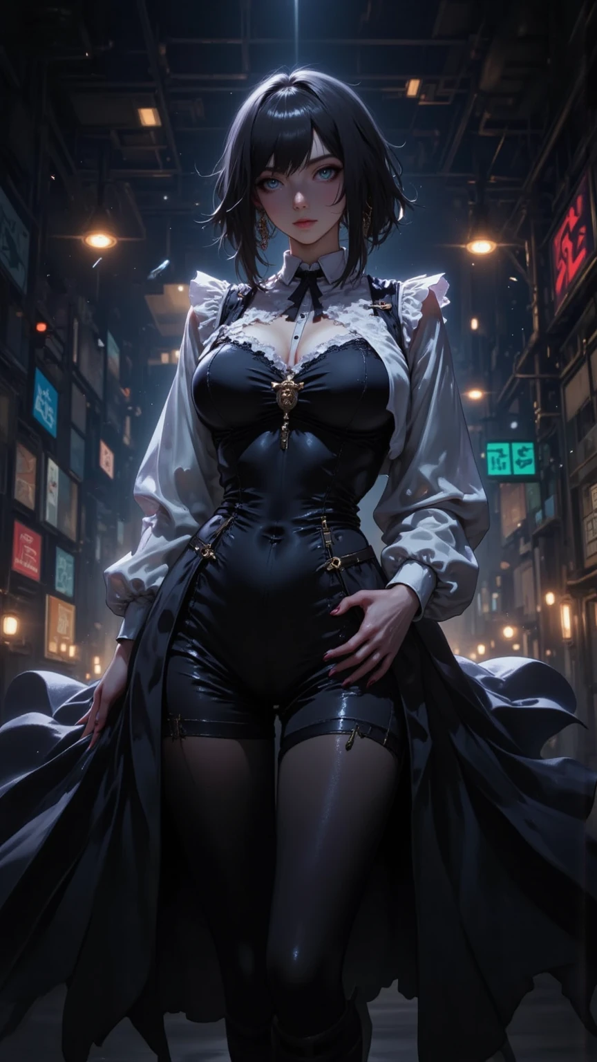 table top High level image quality best image quality 8K adult woman whole body portrait pure white long gloves(elbow gloves) riding black long dress(slit), pure white pantyhose short hair((shortcut)(red hair)(perm)(fluffy)) eye color is red attractive face((laughing)( mouth))nightfall moon sexy pose , crossed legs style in detailed , sitting, labrynth