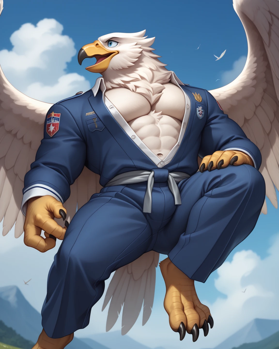 solo, anthro male eagle, avian, (black body, white hair, yellow beak), sitting, posing, (usa flag speedo), big bulge, sweat drops, very huge muscles, very large muscles, veiny skin masterpiece, high quality, absurd res, digital painting \(artwork\), (by posstype, by seintaur, by crimenes, by yayi mr), <3 detailed background, (<3:1.4), e621, nsfw, (dark shadows, wide dynamic range, hdr, low light:1.2).
