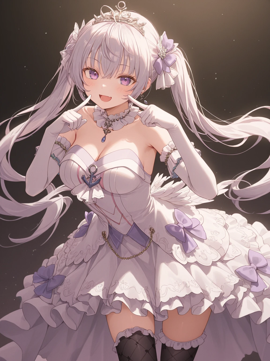 silber hair,butterflys,Long grey hair,Light pink wedding dresses,8k wallpaper,detailedbackground,Highest high resolution,Deep V Big,Hair covering one eye,Bandeau Wedding Dress,chies,white roses and pale pink roses,tight fitted,Stockings,(((perfect and cute hands)))