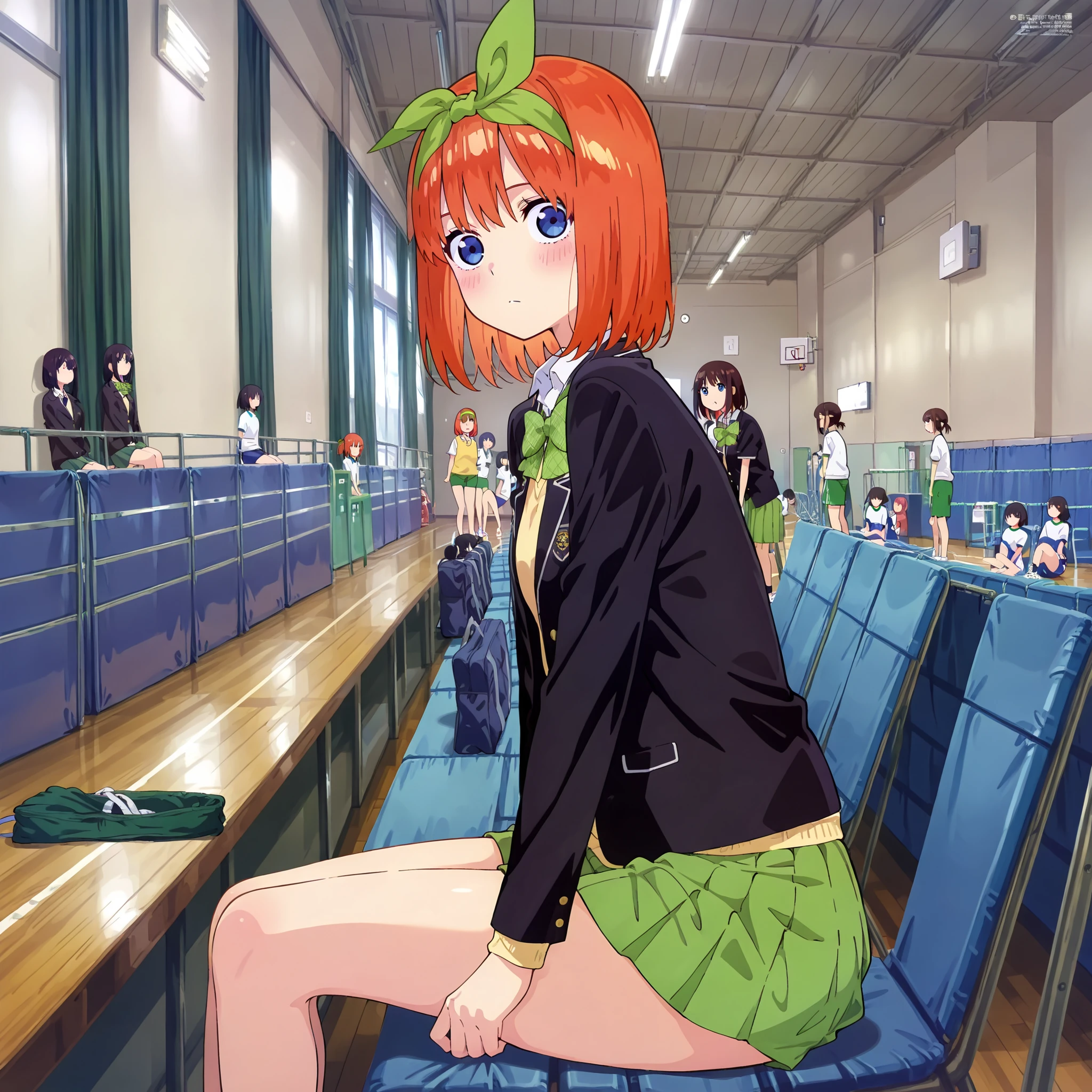 1girl,unwellness aayotsuba, short hair, orange hair,hair ribbon, green ribbon, hairband, green bow, green bow hairband, black blazer, open blazer, yellow sweater vest, white collared shirt, bowtie, plaid bowtie, green skirt, pleated skirt,sitting on the floor grasping one's knees (as in a gym class),score_9, score_8_up, score_7_up, rating_safe, masterpiece, best quality, absurdres, unity 8k wallpaper, official art, official style, source_anime, uncensored, game cg, megami magazine,taiikukan, indoors, sportswear, multiple girls, indoors, photo background, shorts, 6+girls, ceiling light,, ceiling, stage, wooden floor, gym uniform, sportswear,,Gymn4s3,jyojifuku, white shirt, short sleeves, shorts, gym uniform,