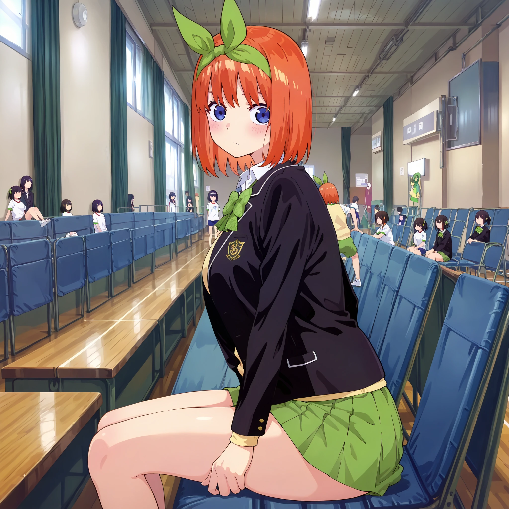 1girl,unwellness aayotsuba, short hair, orange hair,hair ribbon, green ribbon, hairband, green bow, green bow hairband, black blazer, open blazer, yellow sweater vest, white collared shirt, bowtie, plaid bowtie, green skirt, pleated skirt,sitting on the floor grasping one's knees (as in a gym class),score_9, score_8_up, score_7_up, rating_safe, masterpiece, best quality, absurdres, unity 8k wallpaper, official art, official style, source_anime, uncensored, game cg, megami magazine,taiikukan, indoors, sportswear, multiple girls, indoors, photo background, shorts, 6+girls, ceiling light,, ceiling, stage, wooden floor, gym uniform, sportswear,,Gymn4s3,jyojifuku, white shirt, short sleeves, shorts, gym uniform,