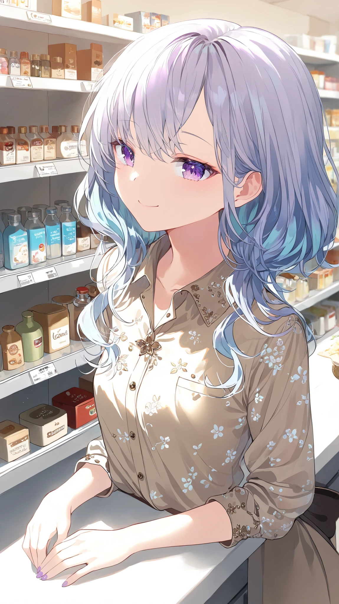 beautiful young Korean high school girl. She has purple eyes, light blue wavy hair made into cute and elegant hairstyle. She is wearing brown decorated shirt. She has small chest and hourglass figure, her posture is relaxed and she has cute smile. She is standing behind the counter working in the convenience store