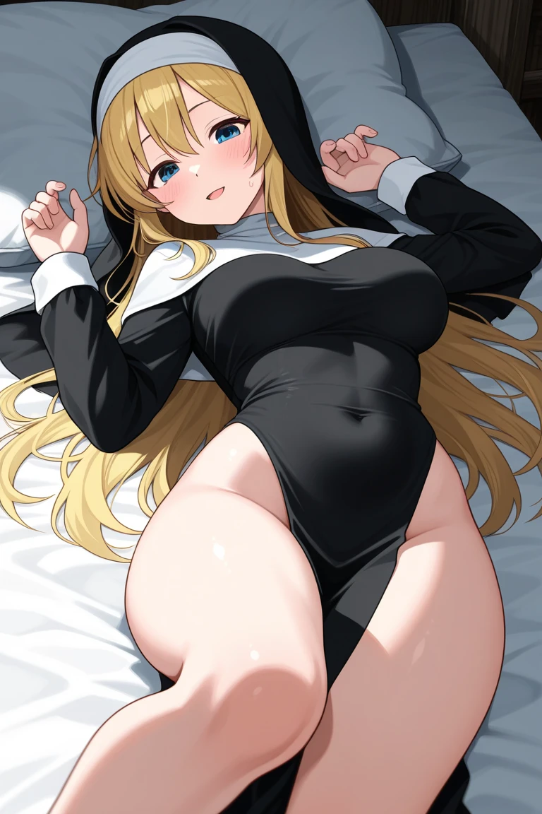 one-piece swimsuit, 1girl, solo, 9 years old, from above, aaillya,long_hair,blonde_hair,red_eyes,hair_between_eyes,bangs,white_hair, short stature, Short arms, Short legs, perfect anatomy, (gigantic breasts:1.3), thighhighs, pussy line, looking up, shy, bashful, bed, absurdres, anime colored, official art, anime screencap, masterpiece, best quality,