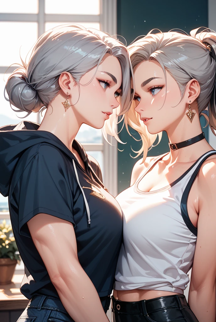 2girls, fighting stance, (from side)--, grey hair, brown eyes, braid, short hair, t-shirt, casual, thighhighs, sauna