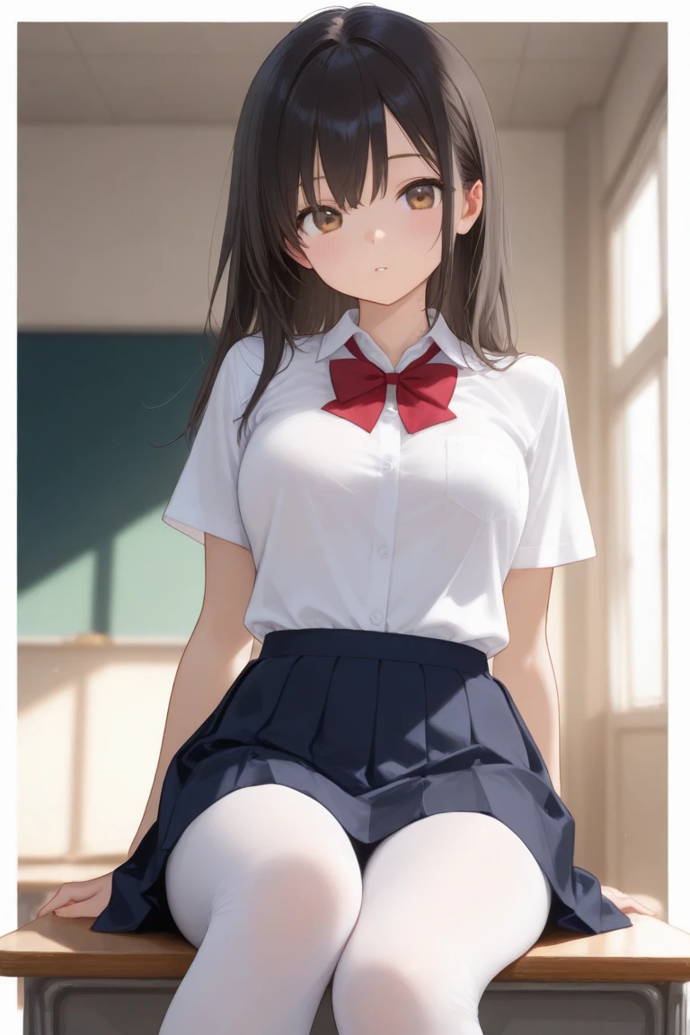 very cute and beautiful girl,(Very detailed美しい顔), (smile),blush,Black Hair,Seraphim,(Pleated navy blue mini skirt),Are standing,(From below),(Lacy white panties), Wooden classroom,window,Distant Tree々and the city, (Highest quality,masterpiece:1.0),Absurd,High resolution,Super detailed,Very detailed,32k,8K resolution, Intricate details,Movie Scenes,Detailed Background,alone,Dynamic Angle,