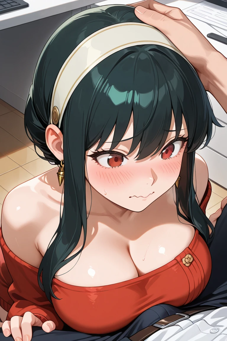 Sexy woman, black hair in a bun, long forehead, seductive eyes, medium nose, perfect pink lips seductively parted, deep blush, flustered, beautiful long neck, collarbone, medium chest, long red floral dress, looking at us with lust and love, blushing intensely, smiling at us, looking tantalizingly sexy