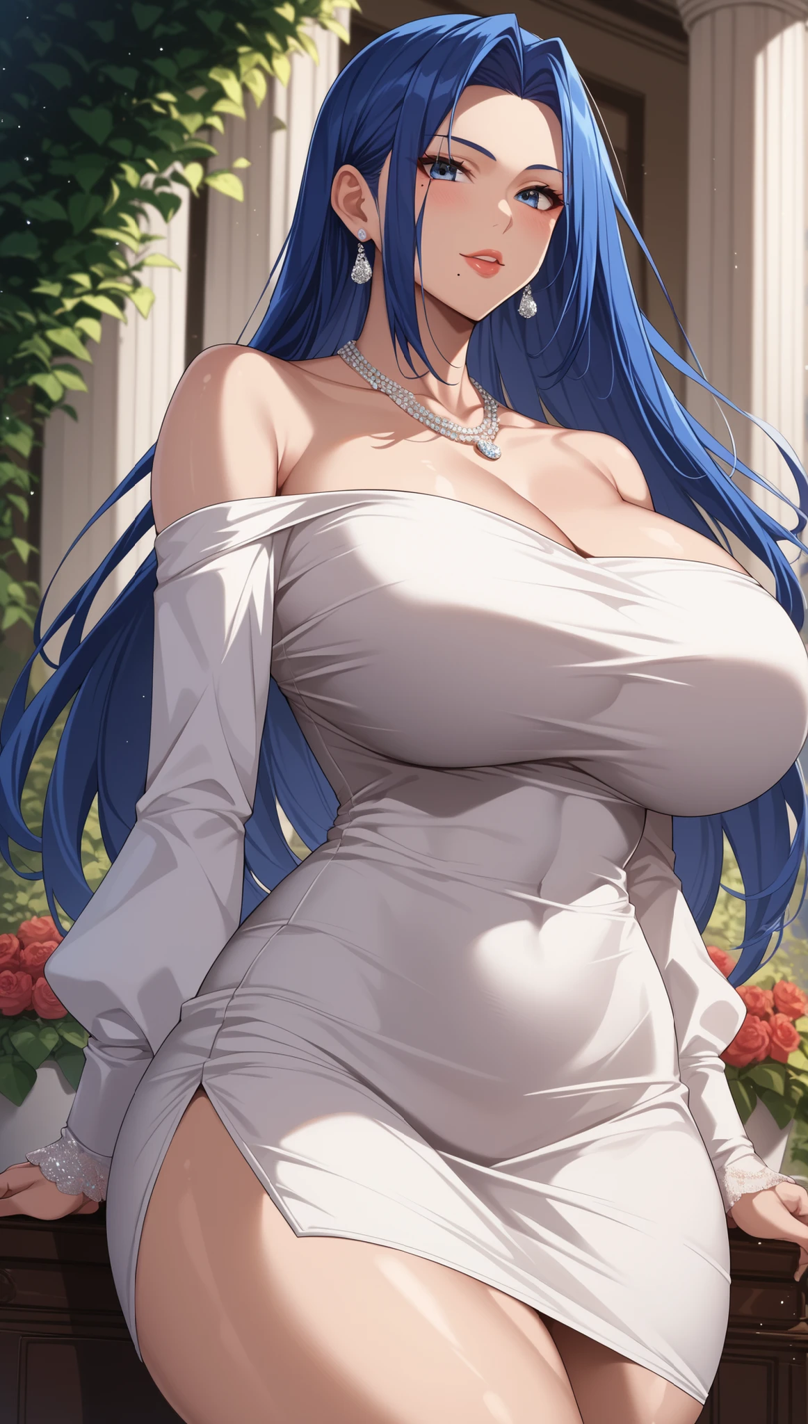 A woman with big ，Beauty，Silver long hair，((cupcake dress))，Tower Skirt，Rose lace，Sparkle like a diamond，weak，Sexy，blush，(prom)，(nsfw:0.8)，ahegao，