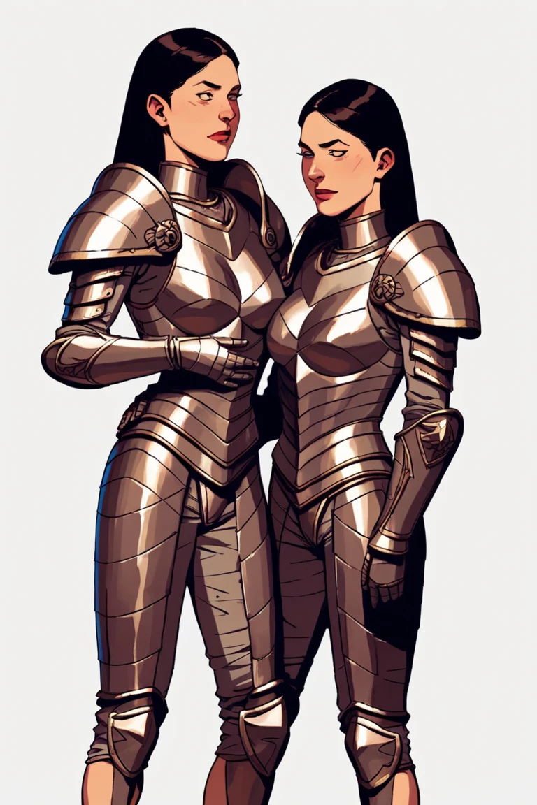 ((best quality)), ((masterpiece)), (detailed), perfect face, a viking queen embracing her wife, looking lovingly at each other, about to kiss, well built, beautiful female, short tomboyish hair, intricate plate armor, gigantic shoulder armor, chiseled body, arm muscles, busty, intricate armor with fur elements, cleavage, intricate necklace, serious look, wearing a crown, long legs, high heel boots, royalty