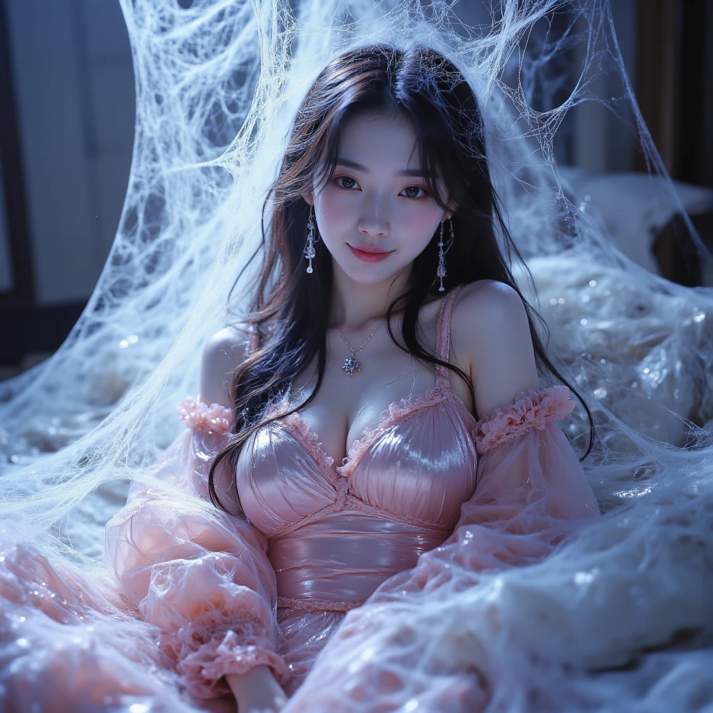 a light brown pinned up haired female who is wearing a very sexy translucent long skirt, black gloves,captured by the spider in the cobweb,flirty smile,sexy look,bound,spider web,cocoon,closed eyes