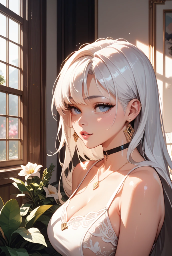 best quality, masterpiece,white hair, gold eyes,white clothes, looking up, upper body,hair strand,Fair skin,side braids