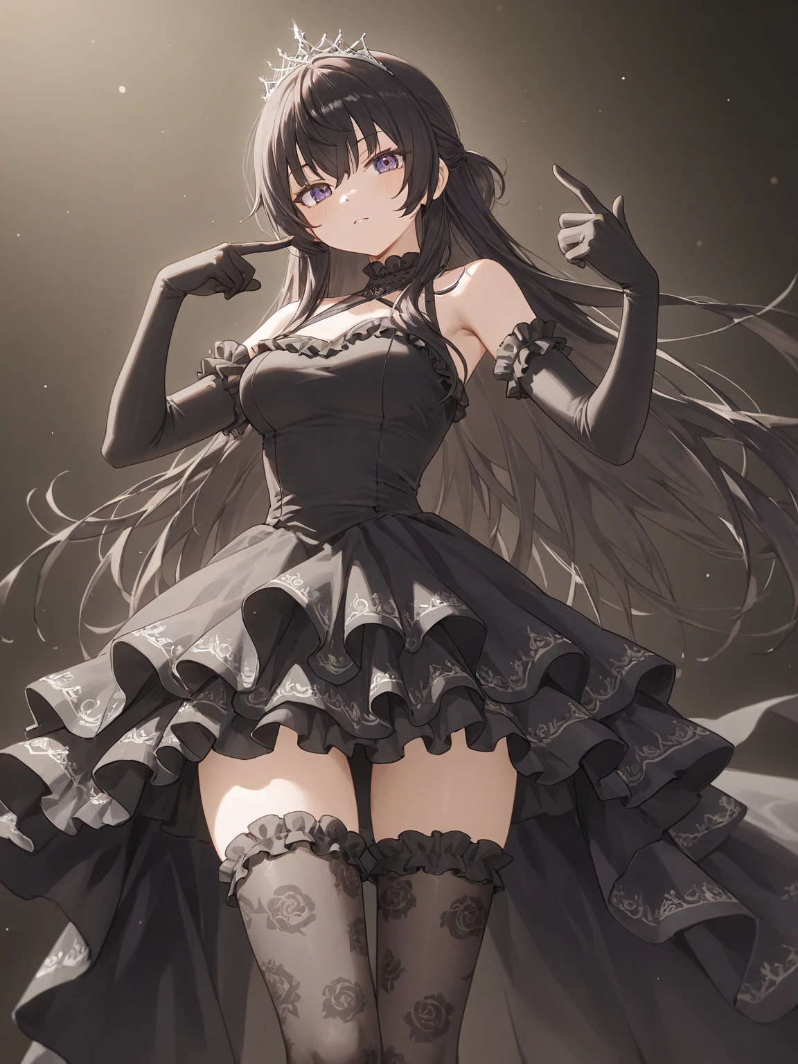 (high quality, 8k, 4K, high contrast, artwork:1.2, high quality, best aesthetics), (dynamic angle), ((1 woman)), erotic, sensual, mature body, super detailed, beautiful face detailed, beautiful eyes detailed, detailed beautiful mouth, perfect breasts, wide thighs, sexy body, (long straight black hair), (black eyes), (black lipstick), (black eyeliner), (black eyeshadow), (serious expression), (penetrating gaze), (black angel wings), (black cat ears), (black cat tail), (short black dress with short ruffled skirt and long sleeves), (centered), (looking at viewer), (standing)