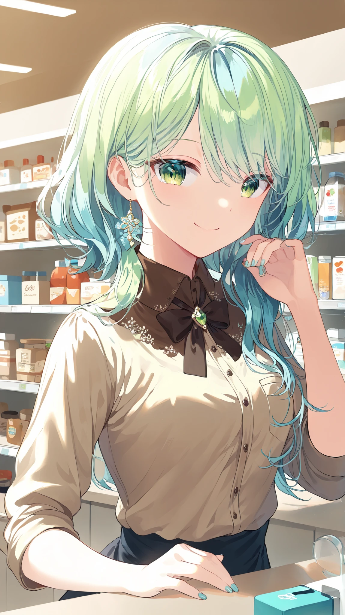 beautiful young Korean high school girl. She has green eyes, light blue wavy hair made into cute and elegant hairstyle. She is wearing brown decorated shirt. She has small chest and hourglass figure, her posture is relaxed and she has cute smile. She is standing behind the counter working in the convenience store