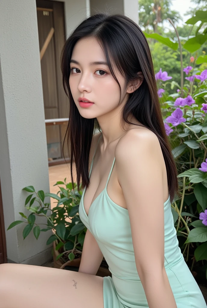 ((best quality, 8K, masterpiece:1.3))，1 Girl，18 years old，Asia，Real texture:1.3，(Background blur:1.3)，dress up，Slender figure:1.2，(hot weather in summer)，（garden:1.3），Highly detailed face and skin texture，Exquisite eyes，Long eyelashes，Double eyelids，Skin Whitening，Happy，Large Breasts