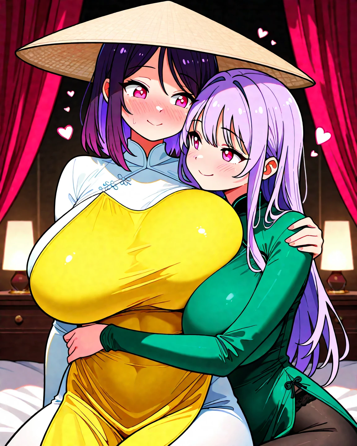 score_9, score_8_up, score_7_up, score_6_up, score_5_up, score_4_up, (source_anime), 2girls, breast sucking, Full body ,Night, Lights out, dark, Dark room, no lighting , kimetsu no yaiba, {{mitsuri kanroji }} , Insect hashira, size difference, Little ??? girl, big breasts, Belly