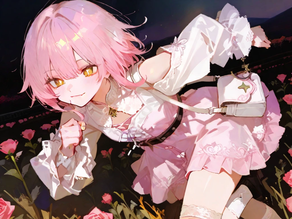 (Evil smile), (((((Ghost Costume)), skirt, Stiletto heels))), ((Shiny Costumes)), ((skindentation)), skinny, solo, 1 woman, Masterpiece, highest quality, highest quality, 16K, incredibly absurd, highly detailed, 2.5D, ai-generated, delicate and dynamic, very delicate facial expressions, delicate eye depiction, erotic, only sexy woman, ((A cute and kind face)), healthy figure, ((1 woman)), 160cm tall, medium firm swaying bust,  (short hair), (pink hair:1.5), bob cut, black eye,, blush, Sweat,Embarrassed,sexy, ((thin thighs)), shiny and lustrous, facing straight at viewer, (((in heat))), ((Oily_skin)), ((Lots of sweat)), ((dutch angle)), ((erotic pose)), (((Dynamic Pose))), ((Transparent and sparkling costume)), ((Demon World's Great Hall)),