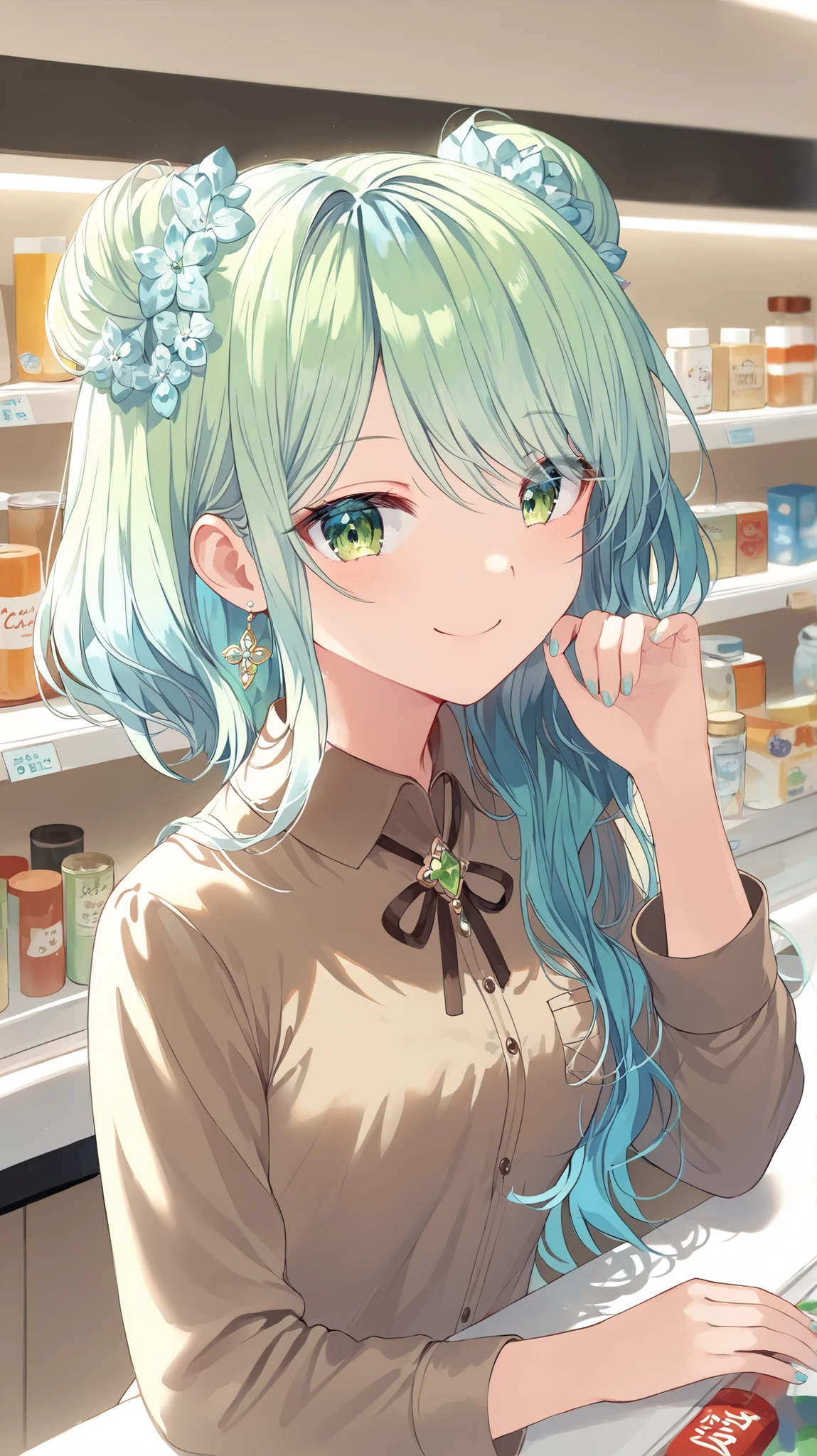 beautiful young Korean high school girl. She has green eyes, light blue wavy hair made into cute and elegant hairstyle. She is wearing brown decorated shirt. She has small chest and hourglass figure, her posture is relaxed and she has cute smile. She is standing behind the counter working in the convenience store