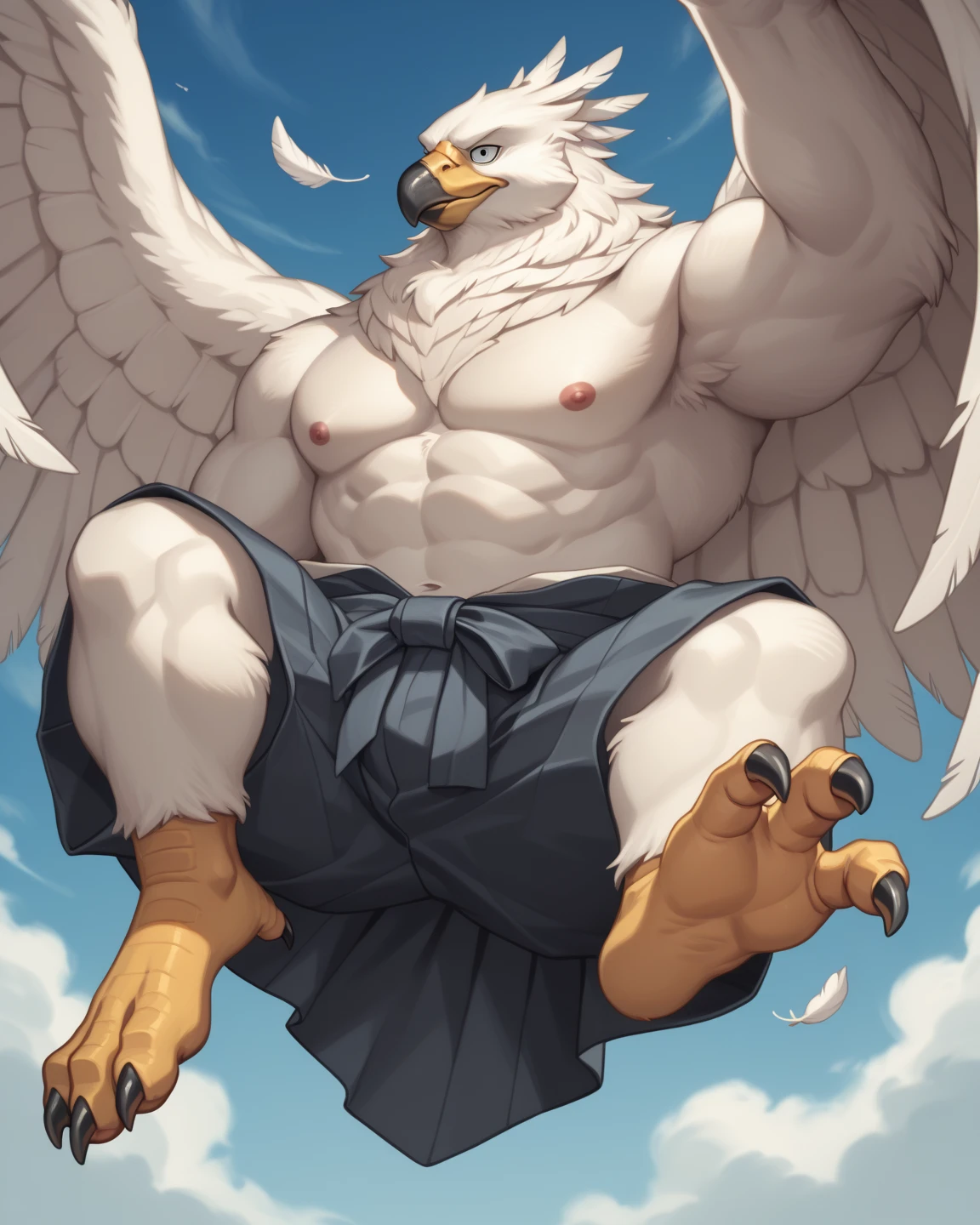 Bald eagle, wings, Handsome face, Handsome eyes, Strong arms,Gorgeous facial features,美丽细致的眼睛,Detailed face, detailed feathers, Wide shoulders, large pecs,light on pecs, big bicep,muscles, Abs, upper legs,Delicate blue eyes,full body view,(tmasterpiece:1.2),(best qualtiy:1.3,Bare upper body,loincloth, bulge, smirk, Blushing, in bed, lying on back, one hand behind head, Dojo, inside, Daytime, hand on left pec