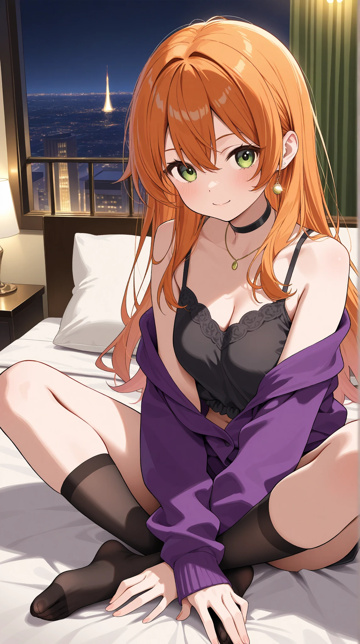 1 girl, alone, mai fuyuki, black lingerie, black bra, black thong, position on all fours in bed, room, good lighting, sunset, mai fuyuki, long hair, purple eyes, orange hair, 1 girl, alone, blushing, jewelry , hoop earrings, looking at viewer, pov(from below), large breasts, medium waist, wide hips, medium thighs, best quality, high resolution, extremely detailed, perfect and detailed anime style, 8k, masterpiece, anime art style , anime coloring, perfect hands, perfect anatomy