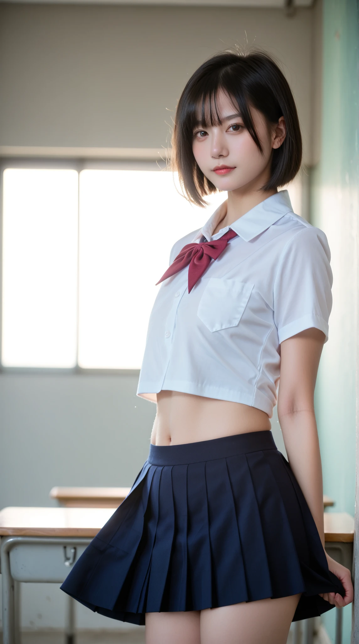 Hight Resolution、high-level image quality、8K、Real due diligence、Raw-Photo、Top Quality、masterpiece、masutepiece、Erotic、Pupils、White lace bra,white skinned,knee,(Flesh-colored Pantyhose),Detail panty pattern、panties focus、White small panties、small panties、Micro panties、absurderes,smaller face、tits huge、Separating bangs from the middle、The forehead is visible,(cold expression<Tight eyes,glare,Optimize,Thin anger)、masterpiece,Top Quality、超High Resolution A,Raw foto,ren,Beautiful fece,One Person, 独奏,Dark look,Small breasts,fullllbody、Very good、JK school uniform,high school girl,Japanese women,is standing,(Photorealcitic:1.37)、photons mapping,Navy Blue Ribbon,realisitic、Cute little face,brown eyes、18 years-old、(red bowtie)、Radio City、physics based rendering、foreground、depth of fields、blured background、a photo of,girls、Body,beauty leg, Long leg, Thin leg,Long Bob Cut,(The bangs are visible), heads, s lips, blue_Ojo, Nosesoft,(light blue see-through shirt), (navy Pleats Skirt), The knee is visible,Sheer Clothes, thigh, 乃木坂アイドル, pornstar, Japanese ido、Glittering Eyes、Shiny Lip、