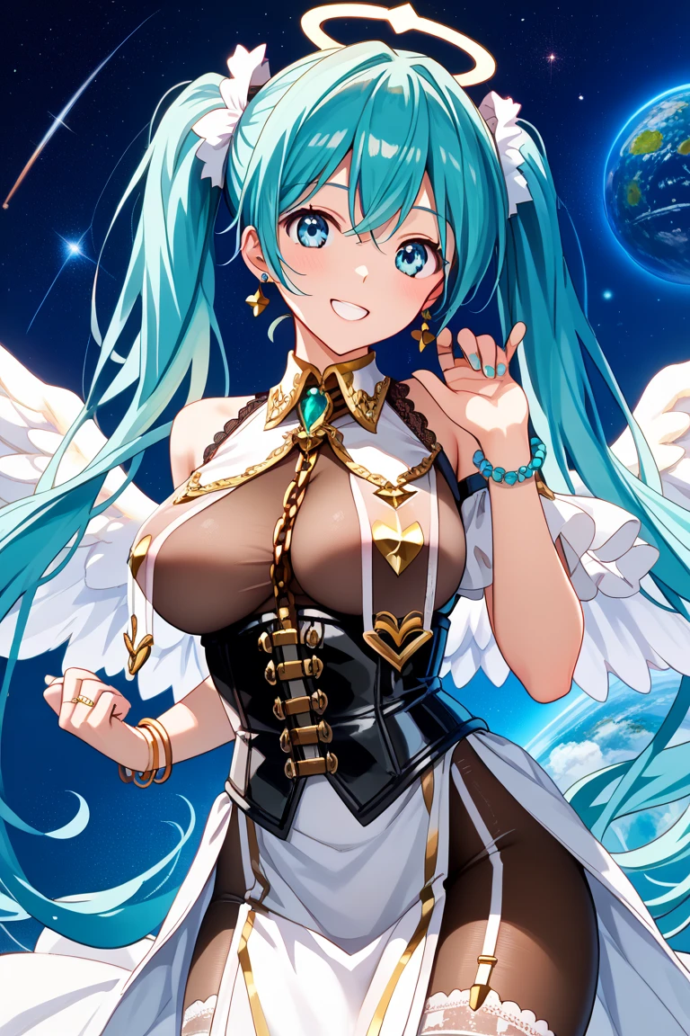 e7 Loana, Aqua Hair, Big Breasts, whole body, wing, In space, Milky Way, (White socks and black socks), (masterpiece), Highest quality, High resolution, 4K, 8K, Detailed illustrations, Exquisite detail, Cinema Lighting, Great quality, One girl, a healthy woman, Great shade, Soft lighting, To the camera, Perfect Eyes