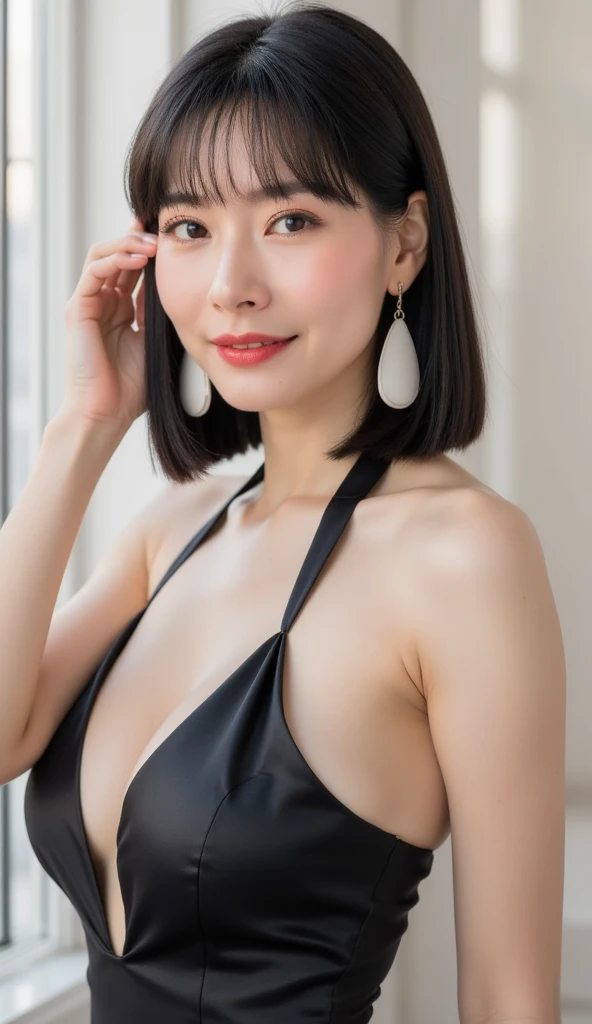 masterpiece,best quality, (one milf), ((portrait:1.5)), makeup, sequins swimwear, erotic, touch own chest, ((seduction expression, smile:0.1)), black background,