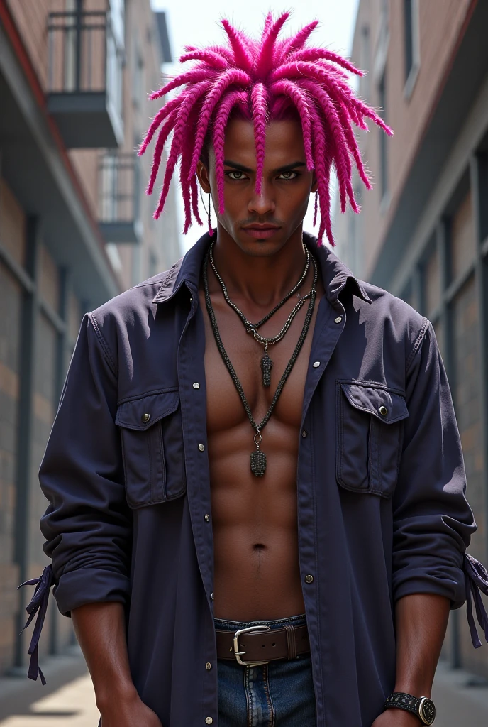 Black boy whit spiky long Red hair muscular body and big tiddies sharp Teeth and mouth piercings 