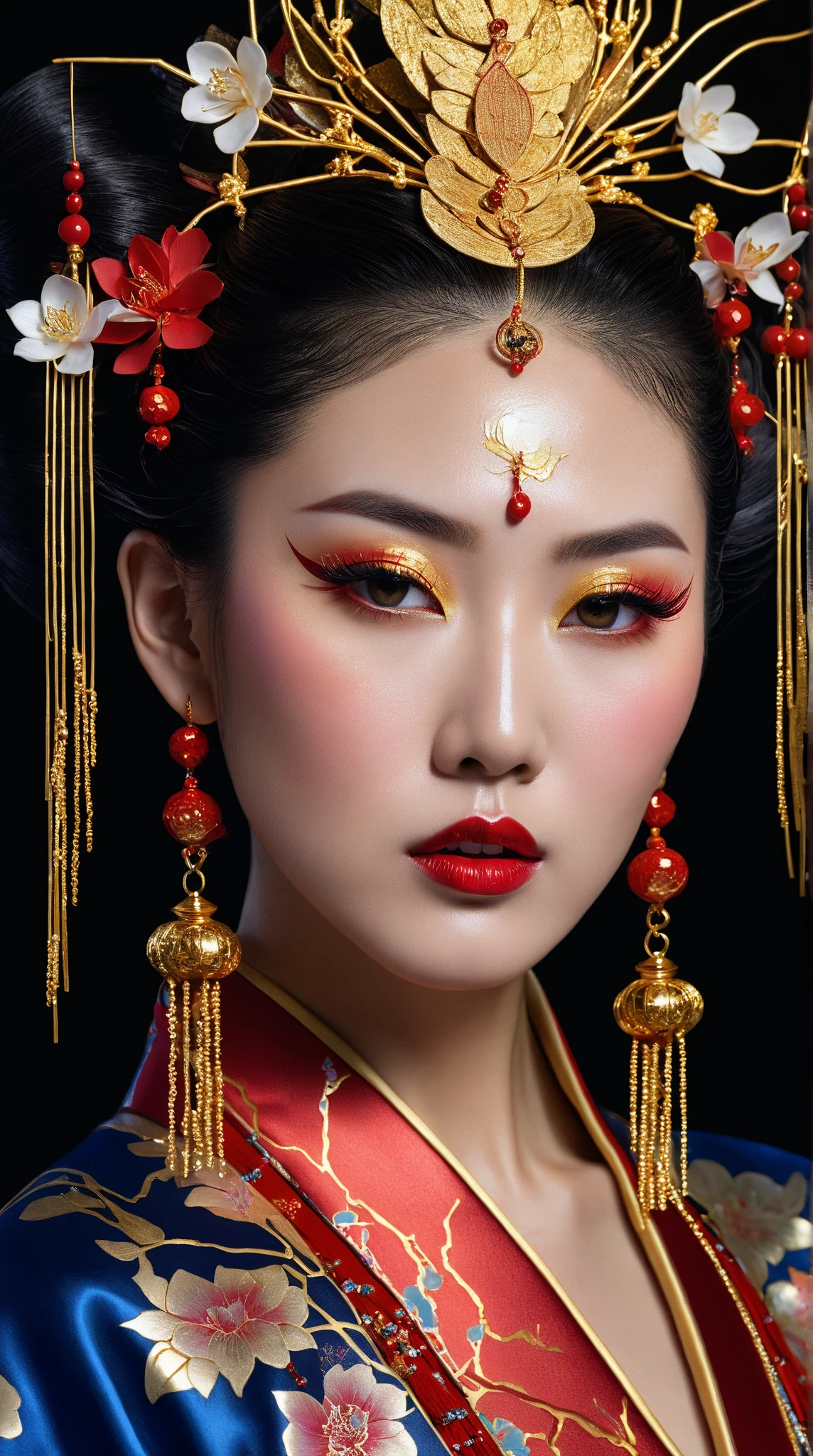 black widow in a sexy revealing golden red kimono dress with a gold halo, japanese goddess, chie yoshii, elegant japanese woman, revealing look, portrait of a beautiful geisha, intricate sexy geisha kimono, japanese art style