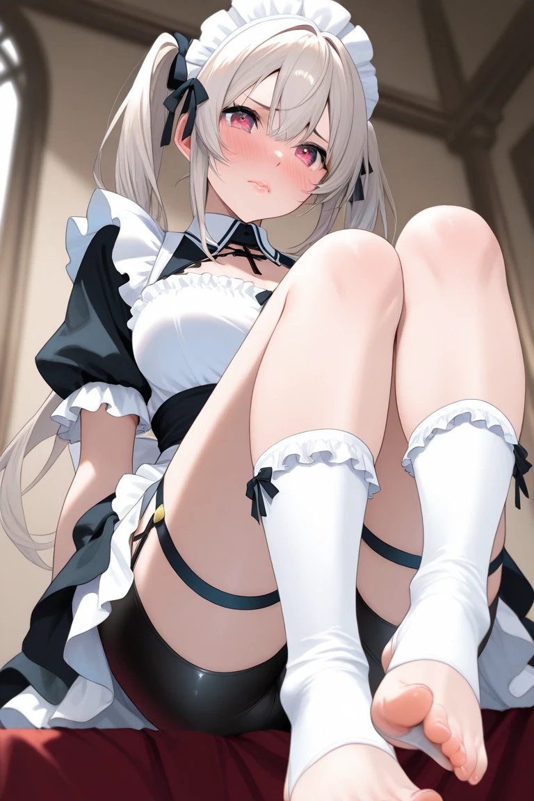 (footjob), Masterpiece、Highest quality、Highest quality, (long and thin legs, shoes:1.2), Arm behind wrist, squat、Spread your legs、1 girl, (smile、Open your mouth大笑い:1.2), Cute eyes, (Detailed face:1.3)、Open your mouth, The whole face turns red, alone, Big and ample breasts, (Straight bangs, bowl cut), White maid outfit、Side bust、Underbust、belly button、Walking through the mansion'corridor、nsfw、shoes下