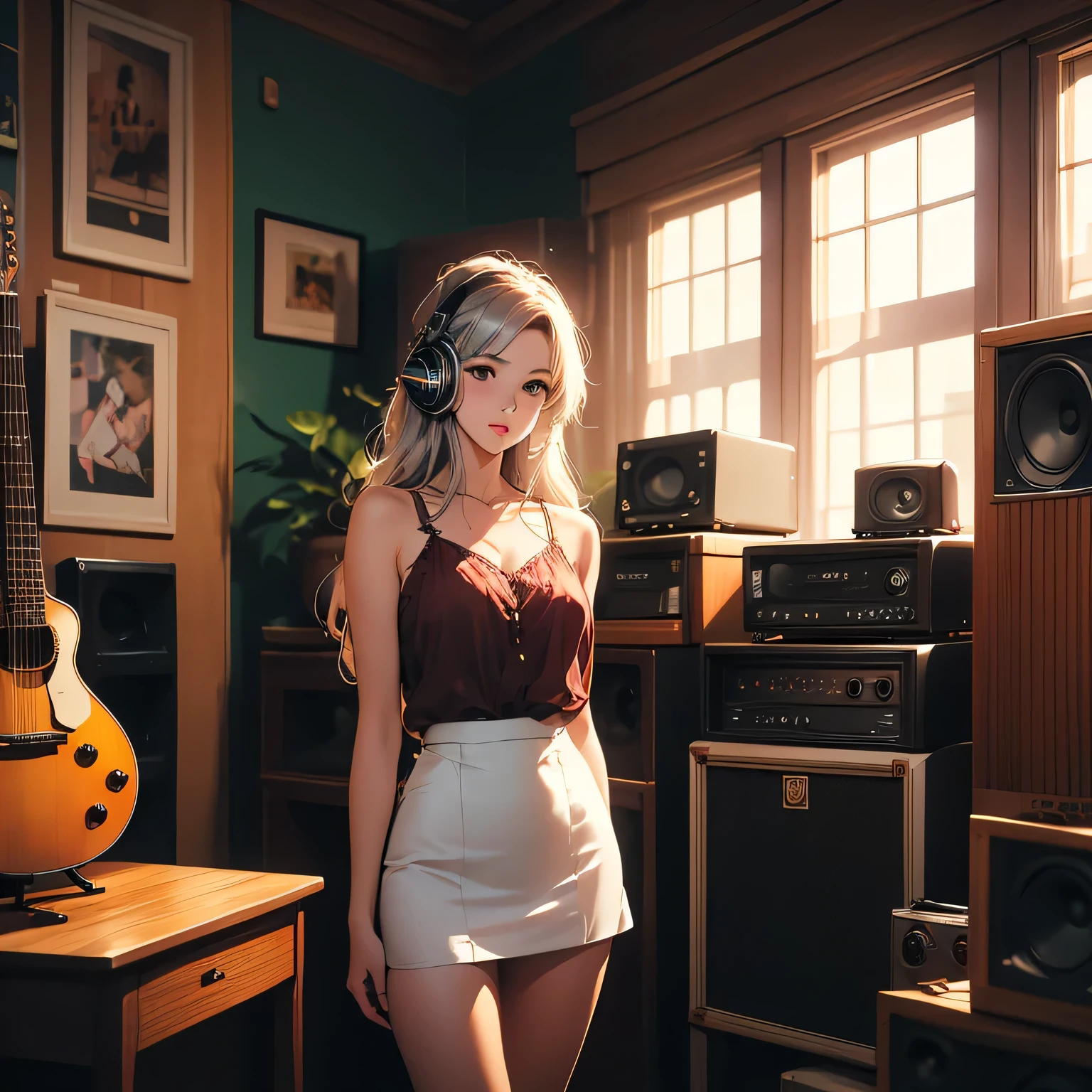 ((1girl)), 21 year old girl, 
long blonde hair, big eyes, sweet smile, small breasts, thin hips,
choker collar, unbuttoned white shirt, red bra, jean shorts,
record store, records, vinyl,
open door, open window,
dramatic lighting, cinematic lighting,