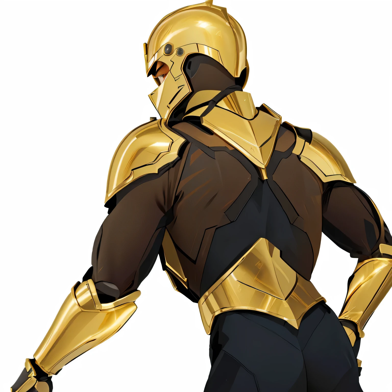 a man in an ash helmet stands with his back in a dynamic pose, sleek golden armor, body gold armor, heroic manly pose, smooth golden armor, golden armor suit, golden armor, villainous pose, Gold obsidian armor, wearing golden armor, high quality цветной эскиз, gold armor, wearing gold armor, golden armor