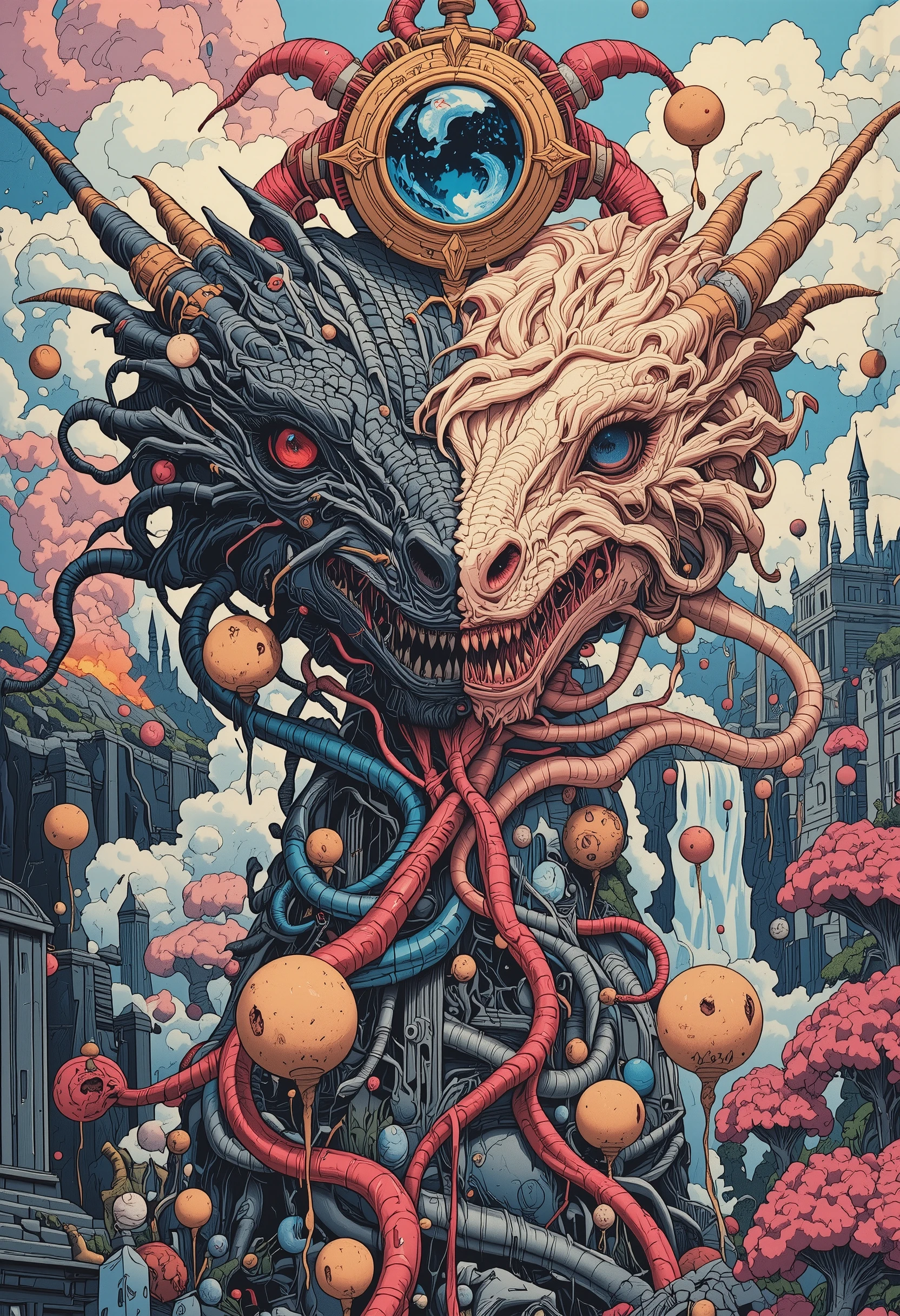 An incredibly detailed, carefully drawn and hand—painted epic image embodying the idea of a dual identity through mythical creatures - a dragon and a unicorn fused into one body.Composition: A creature with two heads — on the left is a ferocious dragon with scales, smoking nostrils and burning eyes, on the right is a shining unicorn with a shimmering mane and a clear, almost heavenly gaze. Their necks intertwine, forming a double spiral, and their bodies merge together, creating a harmony of chaos and order. Background: Split landscape — gloomy cliffs, erupting volcanoes and thunderclouds on the left, magical forests and crystal waterfalls bathed in moonlight on the right. In the center is a mirror in which only one essence is reflected, hinting at a hidden truth.Magical symbols hover in the air, sometimes flashing with flames, then scattering with stardust.Mood: A visual metaphor for the inner conflict between destruction and creation, rage and nobility, darkness and light. Style: Fantasy realism with elements of surrealism, saturated colors, dramatic light. The inspiration is a mix of classic fantasy (like Kit Parkinson's) and psychedelic graphics (in the spirit of Moebius).