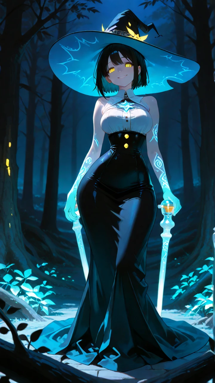one girl, solo, slender body, fit body, (bust:1.3), (sharp teeth:1.3), (black eyes:1.5), black hair, (short hair:1.2), masterpiece, highly detailed, look at viewer, (look from below, below view:1.3), (leather dress, choker:1.4), (long exposure starry sky with many circular orbits, many stars twinkling in a beautiful bright winter night sky, forest, fractal art, bright colors, colors mashing, complimentary colors, neon, compassionate:1.3), expressing joy, (dark sky background:1.1), (bare shoulders:1.4), (small breast size, small breasts, tiny breasts, flat chest, male chest, exposed breasts, open breasts:1.5), (limited palette:1.7), (legs in leather stockings:1.2)