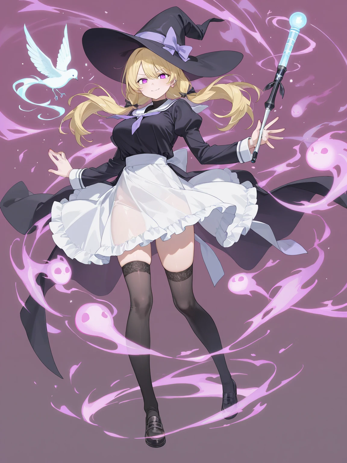 little_girl, ,mahomaho, diabellze, blue eyes, blonde hair, purple hair, multicolored hair, witch hat, white coat, white bodysuit, multiple belts, legs, dynamic angle