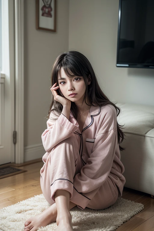 Wear pajamas，Korean girl sitting on the sofa，Black hair parted in the middle