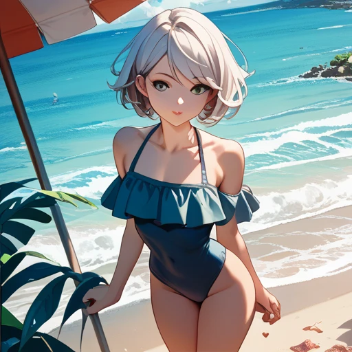 masterpiece, best quality, Extremely detailed, illustration,, Hanekawa short-haired cat, 1 Girl, whole body, , black eyes, Colorful hair, Black Hair, white hair,, swimsuit,, Detailed background, Marketing style, beach, Sunset,