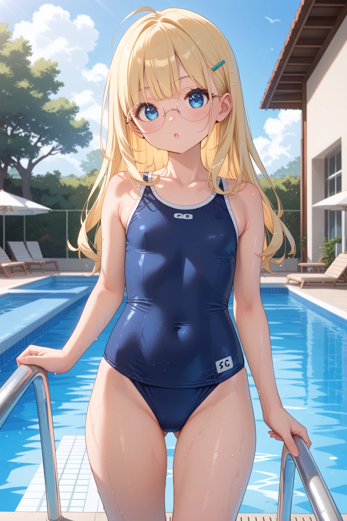 (8k、Best image quality、highest quality、masterpiece)、Detailed face、1 girl、blonde、Twin tails、Blue Eyes、After sunburn、Earrings、Wicked Smile、teeth、Grin、((Brown Skin:1.0))、Small breasts、One piece swimsuit、Underarm、Cowboy Shot、blue sky、Pool Background