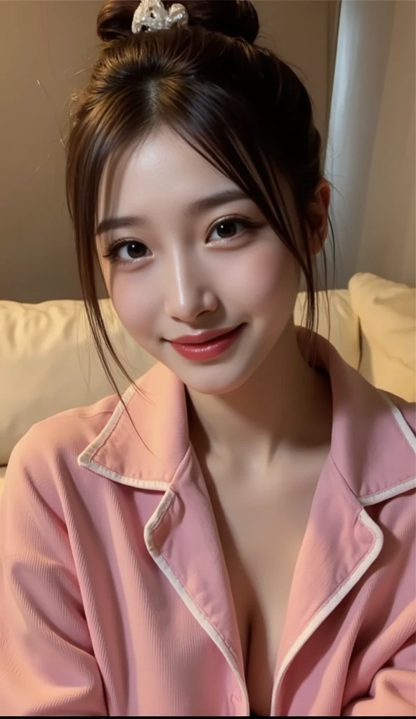 (masterpiece,best quality:1.4),(8k,raw photo,photo realistic:1.2),(shiny skin),detailed skin,detailed face,detailed eyes,Sparkling eyes:1.3,Symmetrical eyes,Detailed Background,detailed hand,1girl,natural make-up,((cute teen)),(cute Fancy room), natural breasts,young trendy hair,  ((Teen average breast)),(((Wacoal brand silk pyjamas,))), (very beautiful cute), (beautiful asian),, girl cute-fine-face,,Cute smile, (super detailed Wacoal brand design,trend),,upper body,nsfw,sexy Instagram style,((show bra)),face of the Golden Ratio