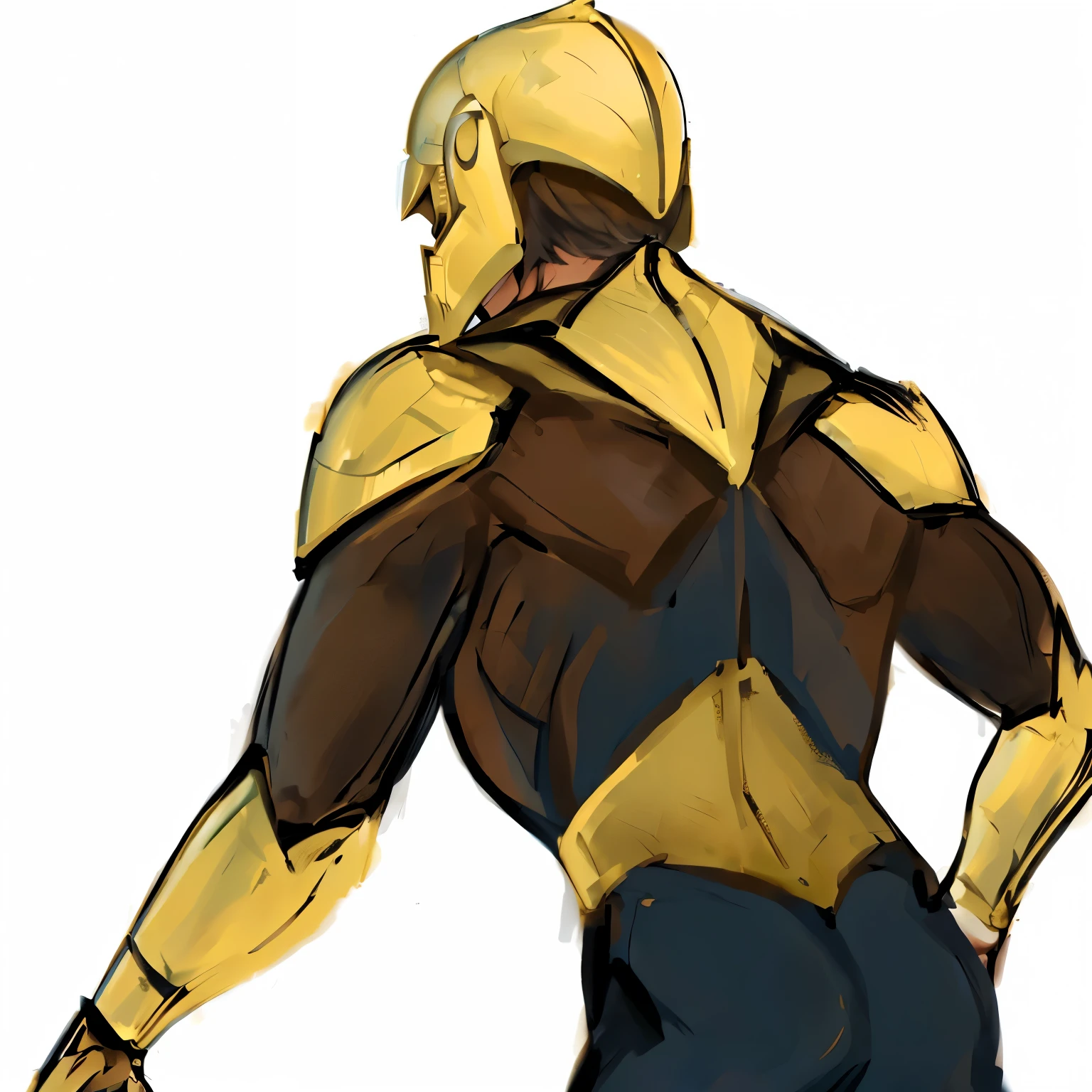 a man in an ash helmet stands with his back in a dynamic pose, sleek golden armor, body gold armor, heroic manly pose, smooth golden armor, golden armor suit, golden armor, villainous pose, Gold obsidian armor, wearing golden armor, high quality цветной эскиз, gold armor, wearing gold armor, golden armor