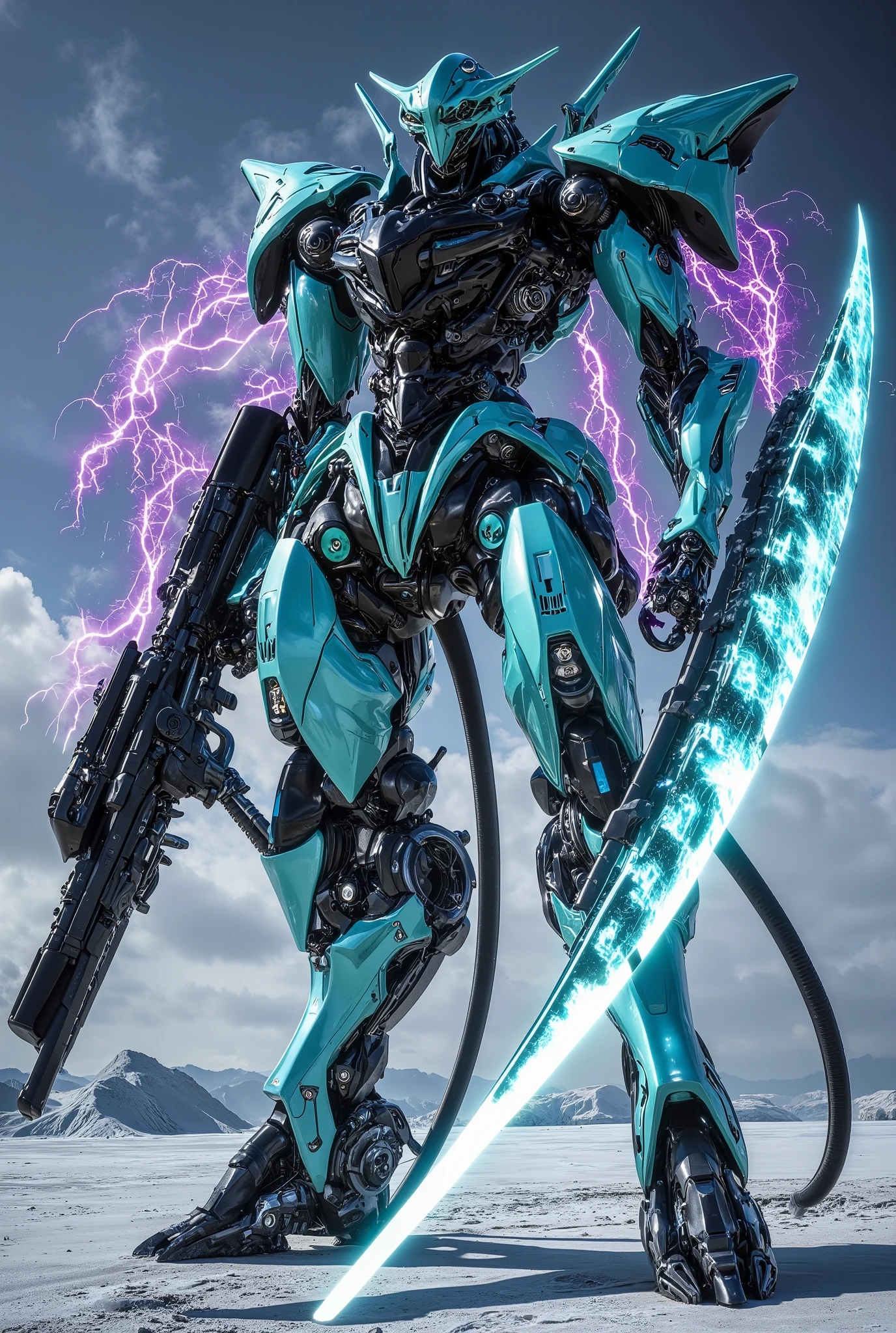 Turquoise mirrored body with a total height of 120 meters, Hologram Colorのライン. Black Top, cyan left arm, Purple and blue arc discharge at each joint, Black head and black legs. Antarctica. Hyper futuristic gothic psycho system mecha, powerful and elegant body line,Hologram Color,the huge railgun I have in my right hand has a blue energy line that shines,(The two NC reactors on the chest are shining blue strongly:1.5),(profound impression:1.5),( with icebergs in the background:1.2),(Blue plasma energy is being discharged from a 6-pack Gatling railgun:1.5),