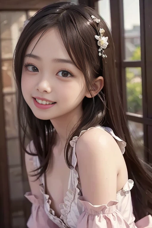 highest quality, High resolution, realistic pictures, detailed skin texture, ((Cute 12 year old Japanese girl wearing a white camisole)), view audience, slim body shape, charming gaze, Fair skin, baby face, (flat chest:1.2), long straight hair, flower hair ornament, (loli:1.2), smile showing teeth