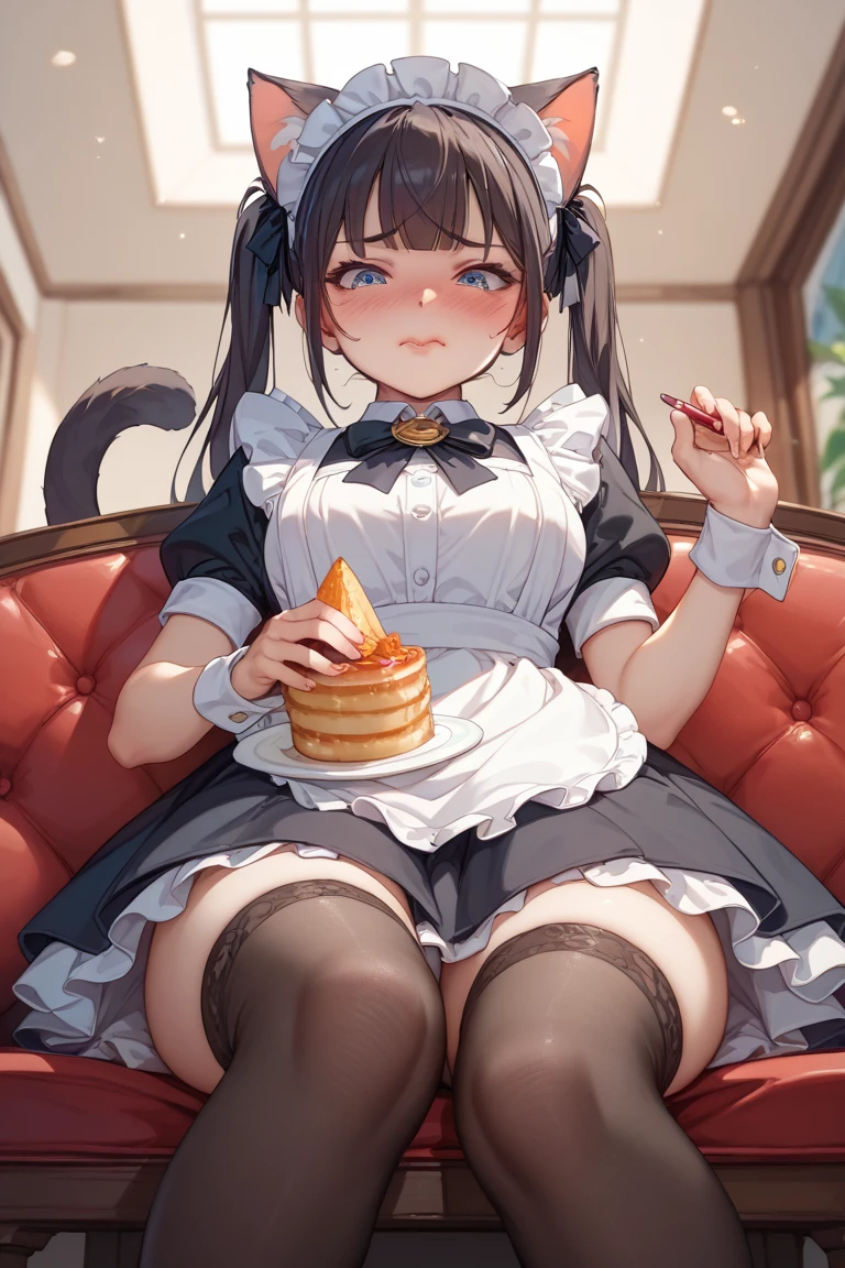 A little girl with cat ears wearing a black maid outfit、Black hair short bob、Camel hoof、clitoris、No panties、pussy juice、embarrassed from、teats、red blush、Teary-eyed、masturbation、Open your crotch、masturbated、cum on、orgasm、Open the vagina,vagina,Pussy、Manjiru、tea shop