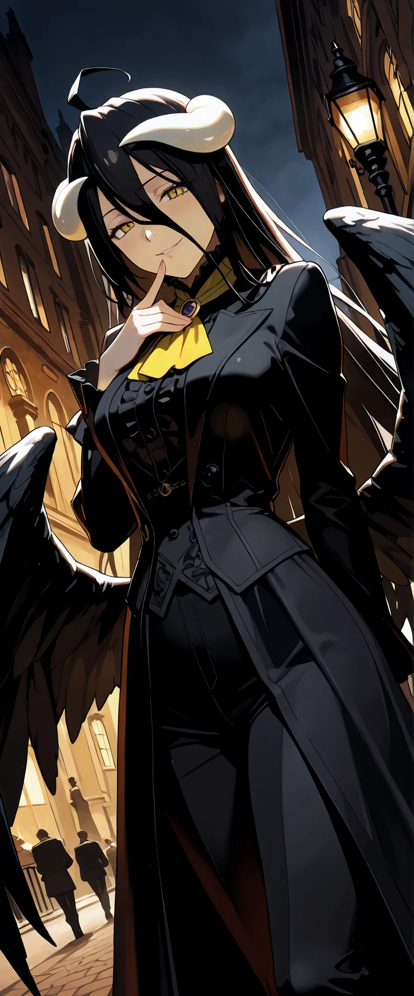 1 woman, albedo (overlord), dutch angle, white horns, black hair, yellow eyes, black wings, dark victorian style coat, yellow handkerchief, black pants, outdoors, london streets, seductive smile, seductive pose, chiaroscuro, masterpiece, high quality, highly detailed