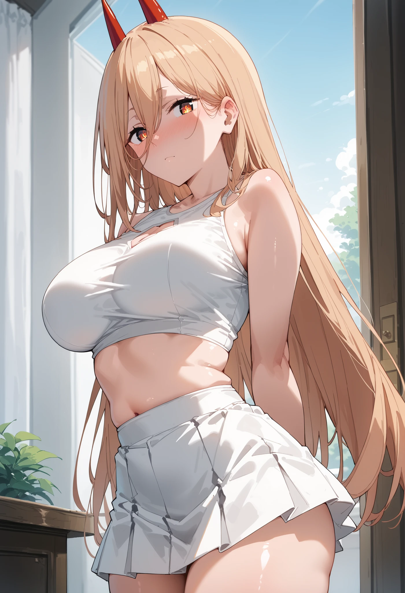 masterpiece,best quality,high resolution,8k,ultra HD,wallpaper,illustration,beautiful detailed eyes,perfect face,cowboy shot,beautiful detailed eyes,extremely detailed face,perfect lighting,extremely detailed CG,perfect hands,perfect anatomy,perfect body,perfect hands,perfect fingers,1woman,full body,megami magazine,(muscle fighter:1.1),yellow medium hair,(yellow eyes:1.3),(large breasts:1.3),Medium ASS,,white short sports t-shirt,red sports small bloomers, clothed,looking at viewer,sexy look pose,cameltoe,Steam,wet,sweat,school gym,,,(A Certain Scientific Railgun character Shokuhou Misaki:1.2),1person
