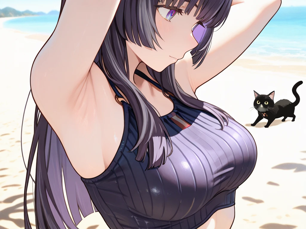 masterpiece, best quality, detailed background, 1girl, medium breasts, black swimsuit, pale skin, demon horns, purple hair, messy hair, hair ornament, red eyes, smug, lying, from side, beach, sea, town