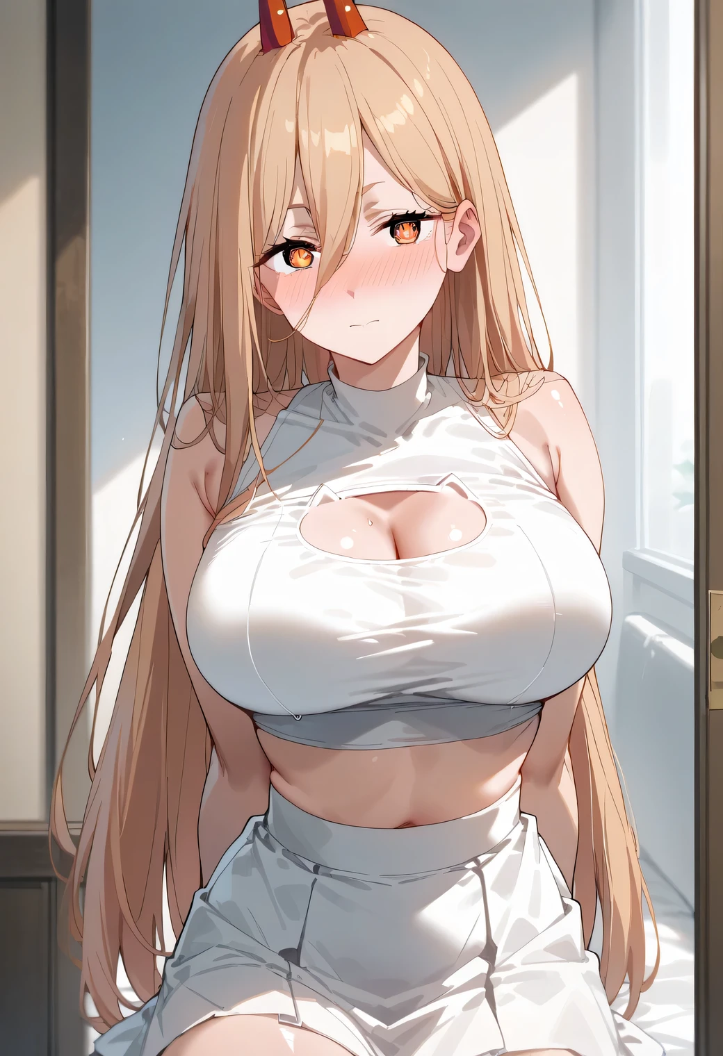 (big breasts:1.5),shiny,hair,((alone)),((masterpiece)),((highest quality)),perfect anatomy,slim waist,perfect image,8k uh,(detailed and beautiful eyes:1.5),highly detailed face,Are standing,(Upper body:1.1),(look ahead:1.1),back arm,Super detailed,disorganized,High resolution,(white blonde hair),(red eyes),indoor,前hair,hair between eyes,ribbed sweater,No sleeve,mini skirt,smile,semi-long hair,