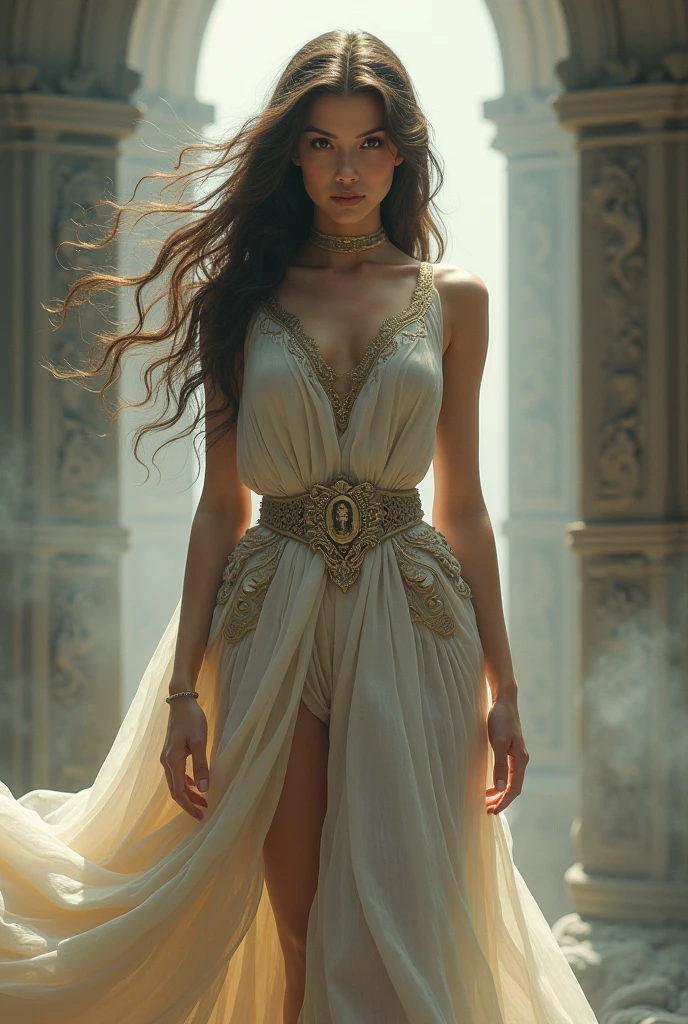 (professional 3d rendering:1.3) ((goddess aphrodite)) (realistic:1.3) World's most beautiful art picture,(((brown hairs))), (( brown eyes)), brunette, Caucasians, (), ( ), full body esbian, sport, Features: Soft and shiny, ((Epic fantasy long hair goddess in dynamic pose,, fantastic location, majestic disordered environment)), full body 8k unity render, action shooting, skin pores, heavy shading , detailed, Detailed face, (vibrant, photorealistic, realistic, dramatic, Dark, sharp focus, 8k),, (intricate:1.4), decadent, (highly detailed:1.4), digital painting, octane rendering, Art Seasons , Concept-Art, smooth, sharp focus, illustration, germ of art, (Loish:0.23), (global lighting, studio light, volumetric light), , rascal, fantasy,, ((Sea Backgroun:1.3)), CGSociety, Art Stations